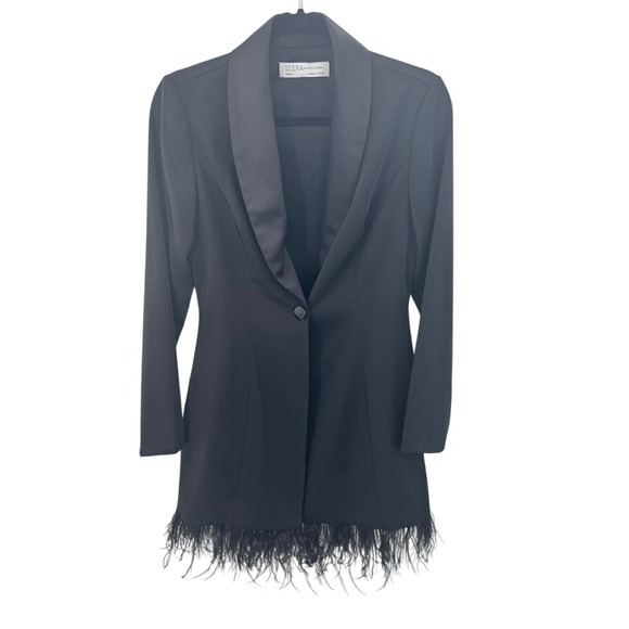 Ieena for Mac Duggal Black Feather Trim Mini Dress Size 2 Cocktail Party - Picture 3 of 9